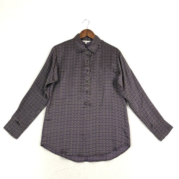 CAbi Women's Size Small #117 Grey Purple Printed 100% Silk Collared Blouse - Picture 1 of 10